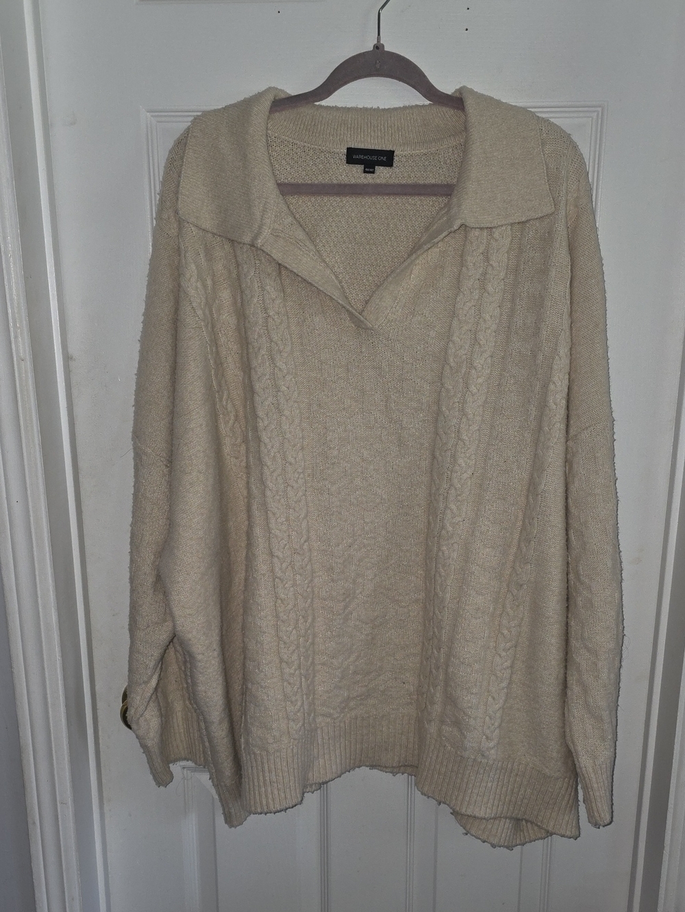 Warehouse One Cream Cable-Knit Collared V-Neck Sweater